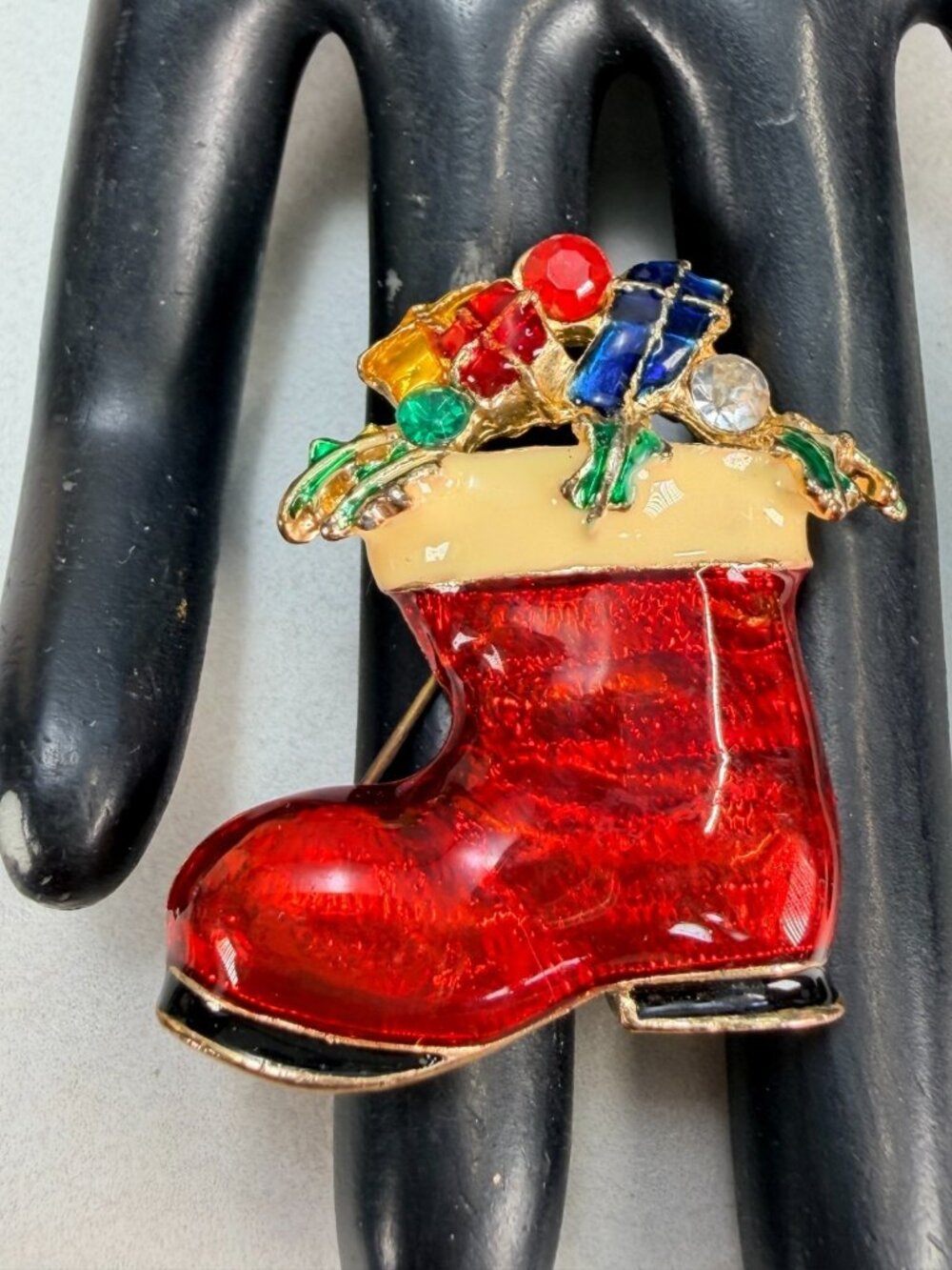 Vintage Christmas Stocking Enamel Rhinestone Holiday Brooch Red Boot Gift Pin